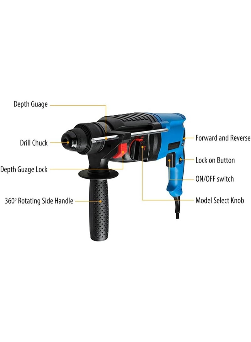 بريمو بلس مثقاب كهربائي دوار 220 فولت 1400 واط بـ3 وظائف مع صندوق و5 قطع من المثقاب الكهربائي - مطرقة دوارة كهربائية ، أداة حفر الخرسانة SDS بلس-  1100 دورة في الدقيقة 26 مم مع أجزاء مجانية - Image 3