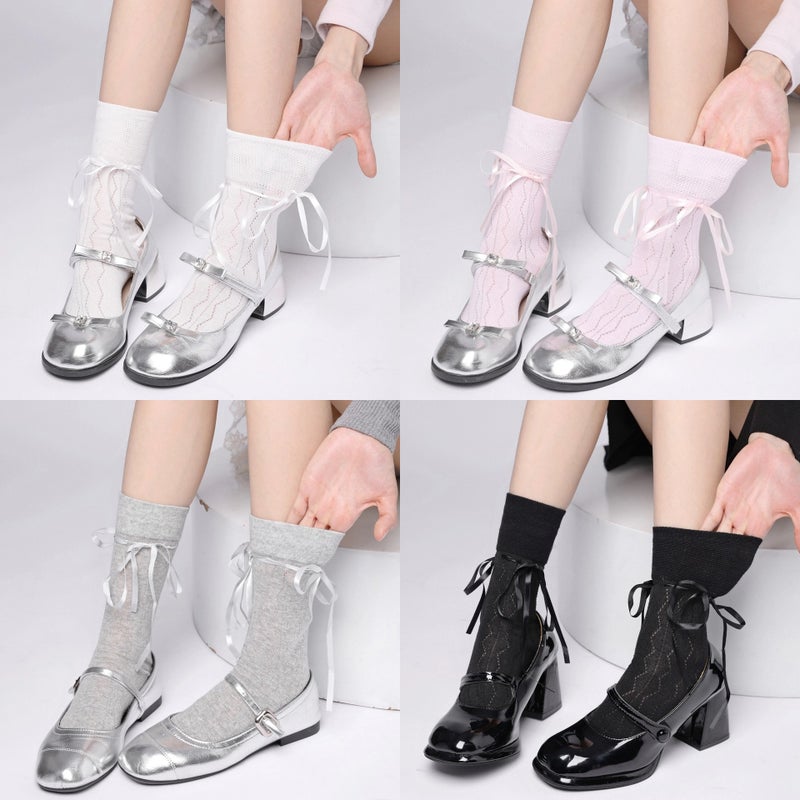 Ballet Style White Mary Jane Socks Women'S Sweet Bow Ribbon Mid-Tube Socks Breathable All-Match Japanese Jk - Image 2