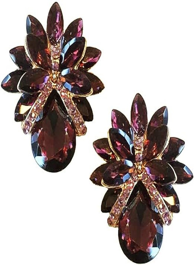 LARGE Art Deco Antique Vintage Retro Style Eggplant Plum Purple Rhinestone Bridal Bridesmaid Wedding Prom Pageant Drag Queen Statement Cluster Earrings