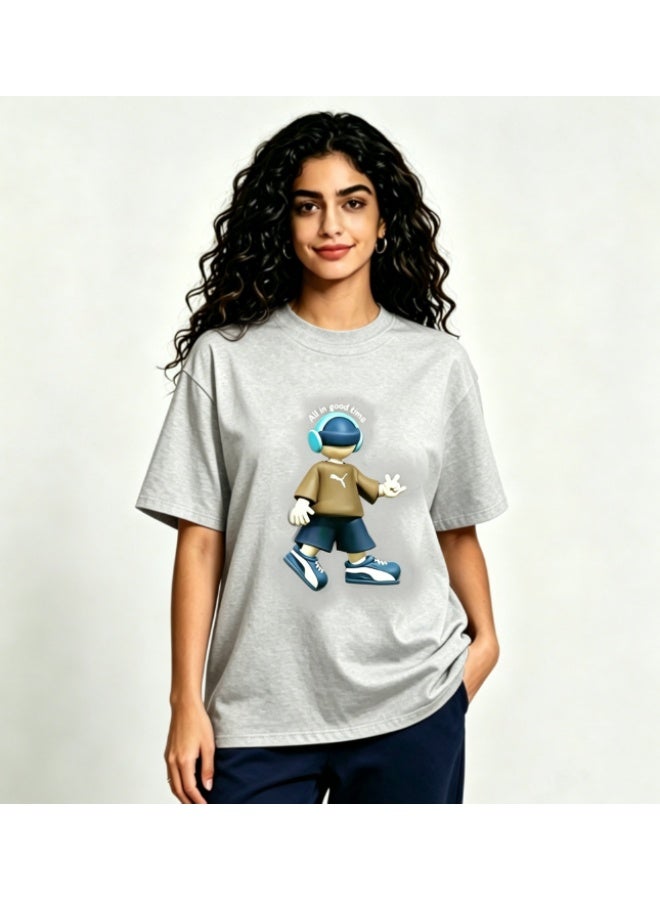 Puma "All in Good Time" 3D Cartoon Character Cotton Light Grey T-Shirt-M - Image 2