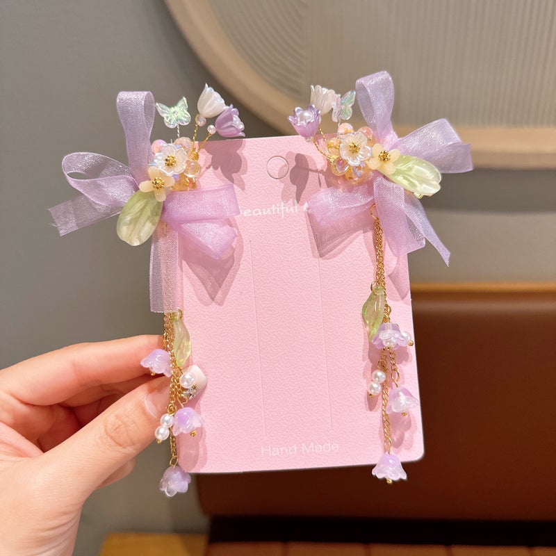 Generic New Childrens Antique Hair Accessories Flower Butterfly Antique Headwear Retro Tassel Streaming Belt Hanfu Hairpin Tang Clothing Accessories 50 purple dragonfly (double)