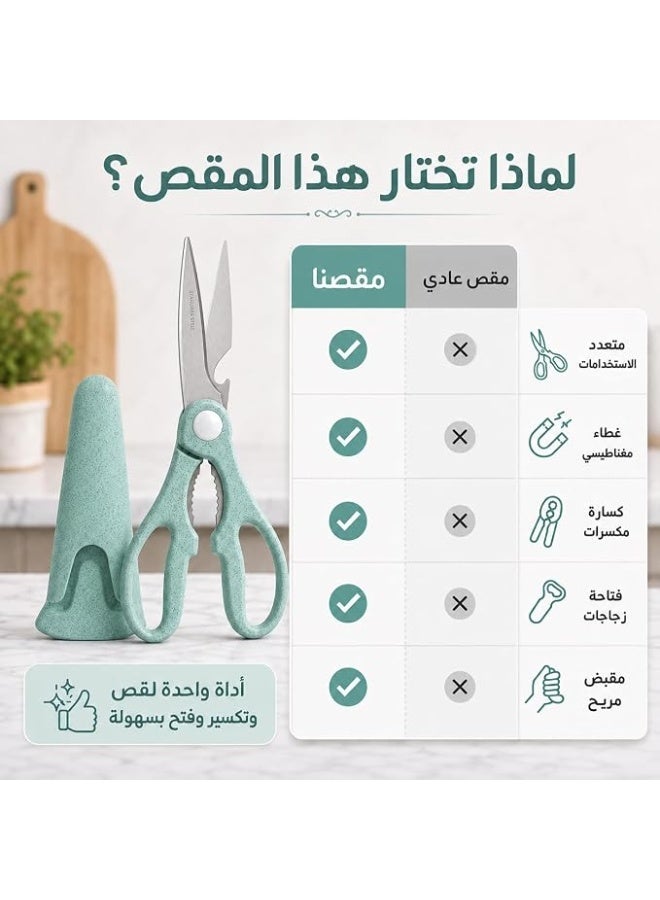 مقص مطبخ متعدد الاستخدامات مع فتاحة زجاجات وكاسر مكسرات وحافظة حماية - Image 3