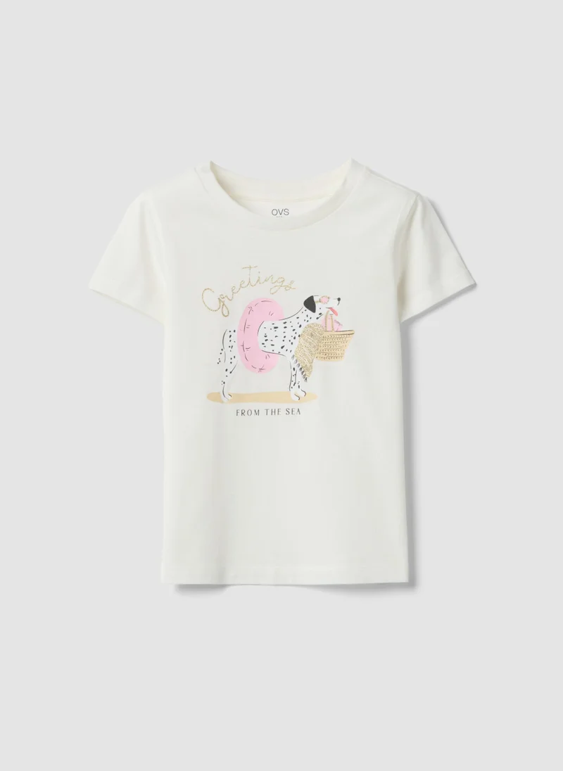 او في اس OVS White Girlsâ€™ T-Shirt In Pure Organic Cotton With Print And Glitter