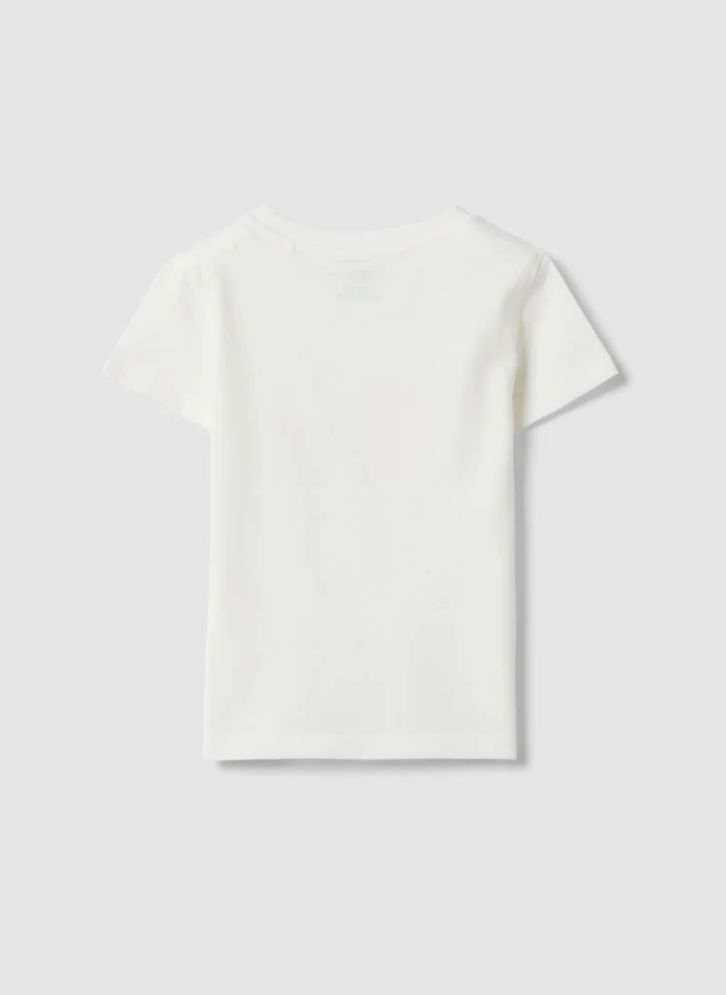 او في اس OVS White Girlsâ€™ T-Shirt In Pure Organic Cotton With Print And Glitter
