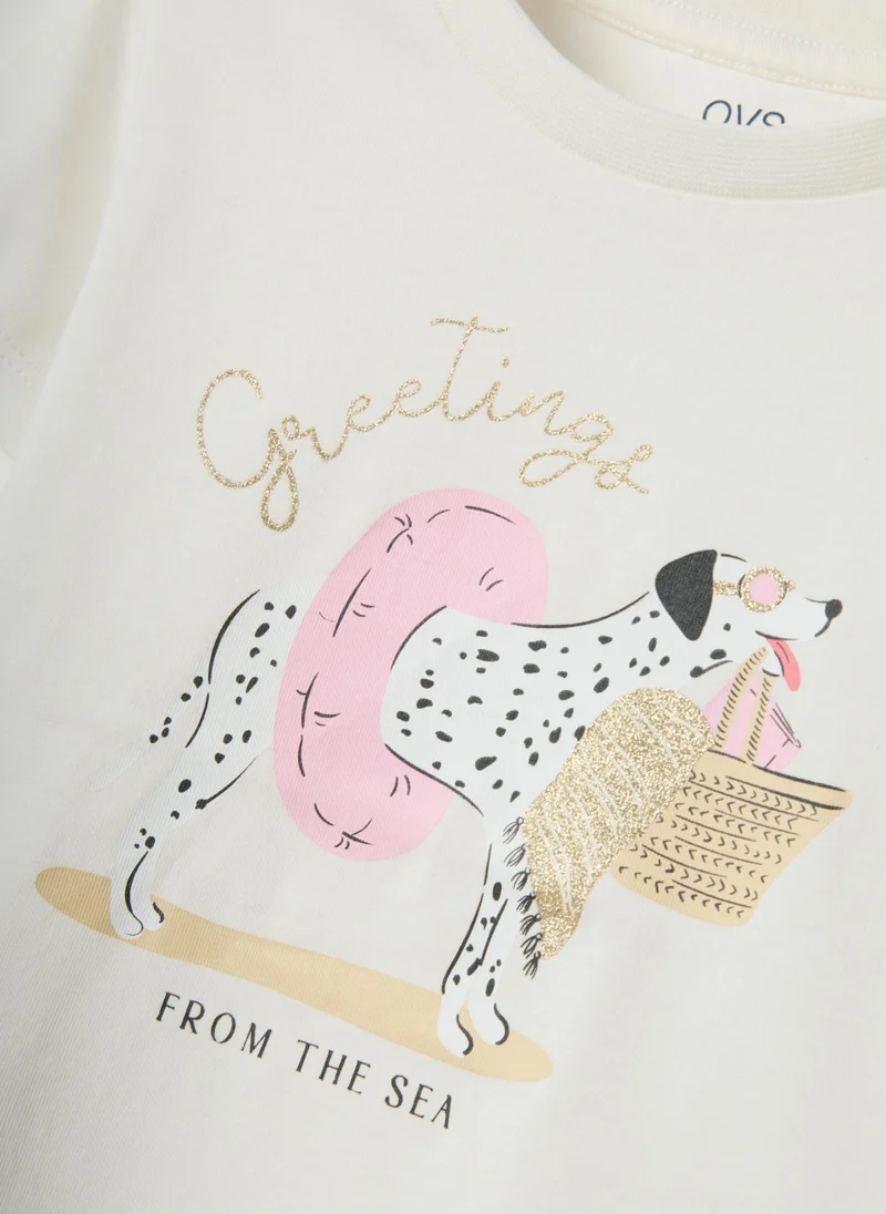 Ovs  OVS White Girlsâ€™ T-Shirt In Pure Organic Cotton With Print And Glitter for Kids | Best Price UAE