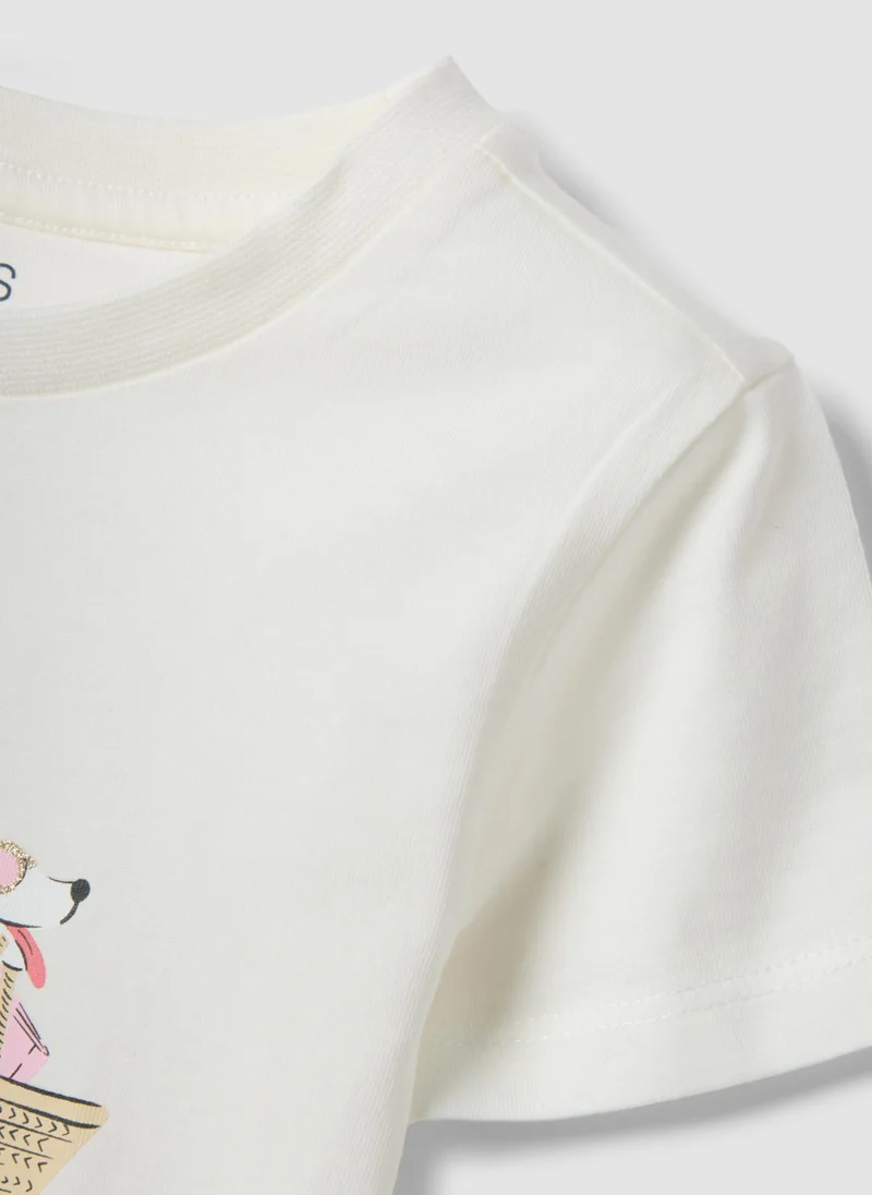 Ovs  OVS White Girlsâ€™ T-Shirt In Pure Organic Cotton With Print And Glitter for Kids | Best Price UAE