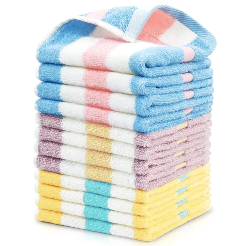 Jacquotha Cotton 12 Pack Striped Washcloths, 13 x 13 Inches, 3 Colors - Face and Body Cleansing Towels - Image 1