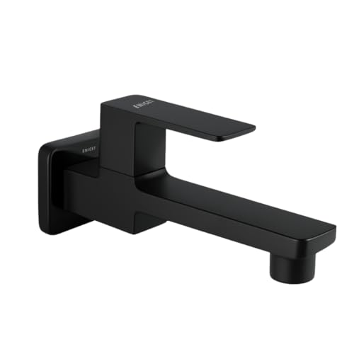 ENICET Black Wall Mounted Bathroom Tap, Brass Bib Cock with Extra Long Body, Modern Lever Handle, 7 Years Warranty - Image 1