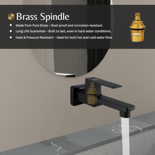ENICET Black Wall Mounted Bathroom Tap, Brass Bib Cock with Extra Long Body, Modern Lever Handle, 7 Years Warranty - Image 3