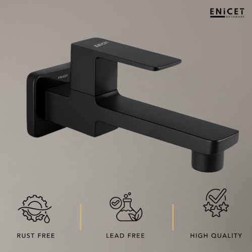 ENICET Black Wall Mounted Bathroom Tap, Brass Bib Cock with Extra Long Body, Modern Lever Handle, 7 Years Warranty - Image 5