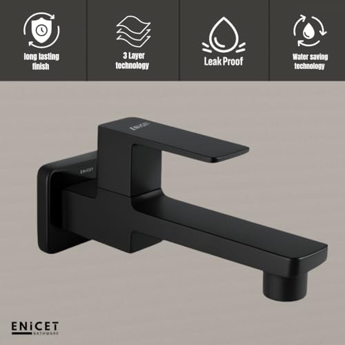 ENICET Black Wall Mounted Bathroom Tap, Brass Bib Cock with Extra Long Body, Modern Lever Handle, 7 Years Warranty - Image 2