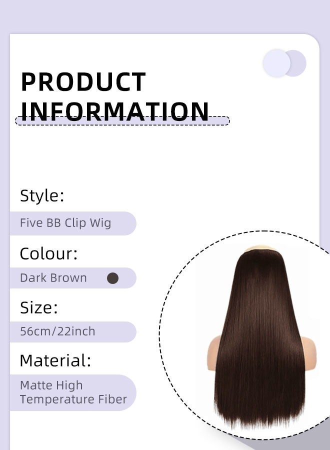 رويس وصلة إطالة شعر مع 5 مشابك، وصلات شعر صناعية مستقيمة منفوشة غير مرئية قابلة للتعديل ومقاومة للحرارة لزيادة الطول والحجم فورًا للفتيات والنساء، بني داكن، 56 سم (22 بوصة) - Image 3