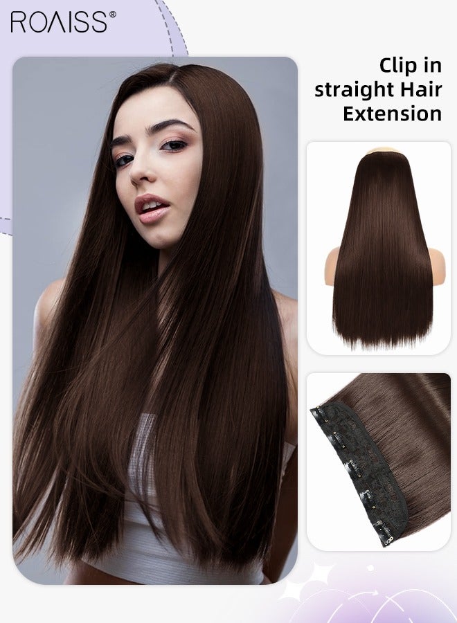 رويس وصلة إطالة شعر مع 5 مشابك، وصلات شعر صناعية مستقيمة منفوشة غير مرئية قابلة للتعديل ومقاومة للحرارة لزيادة الطول والحجم فورًا للفتيات والنساء، بني داكن، 56 سم (22 بوصة) - Image 1