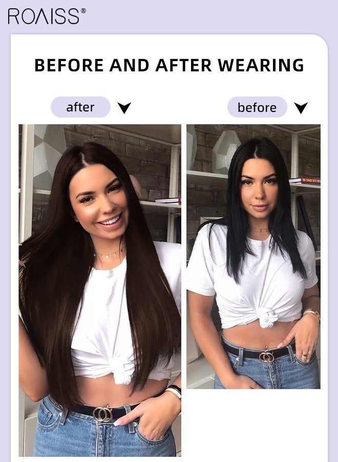 رويس وصلة إطالة شعر مع 5 مشابك، وصلات شعر صناعية مستقيمة منفوشة غير مرئية قابلة للتعديل ومقاومة للحرارة لزيادة الطول والحجم فورًا للفتيات والنساء، بني داكن، 56 سم (22 بوصة) - Image 2