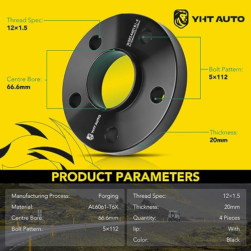 YHTAUTO 5x112mm Hub Centric Wheel Spacers 20mm Compatible with Mercedes-Benz C220, C230, C240, C280, C32 AMG, C320, C43 AMG, C55 AMG, E320, Tire Spacers w/ M12x1.5 Studs, 66.6mm Hub Bore 5 Lug 4PCS - Image 2