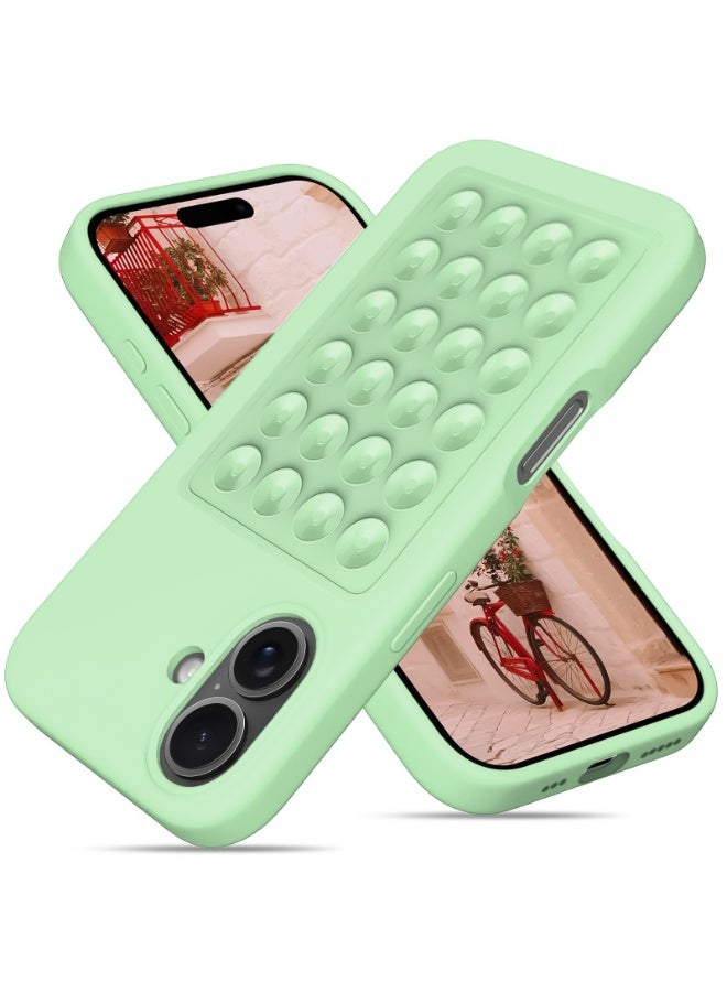 Suction Cup Soft Silicone Phone case With Stand Full Protection Shockproof For iPhone 16 (Mint Green)
