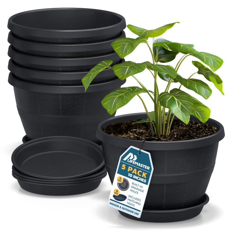 LifeMaster 10-Inch Whiskey Barrel Planters Outdoor Pack of 5 - Durable Plastic Plant Pots for Indoor & Outdoor Use with Drainage & Saucer, Lightweight Rustic Barrel Planters for Flowers, Herbs & Small Plants - Image 1