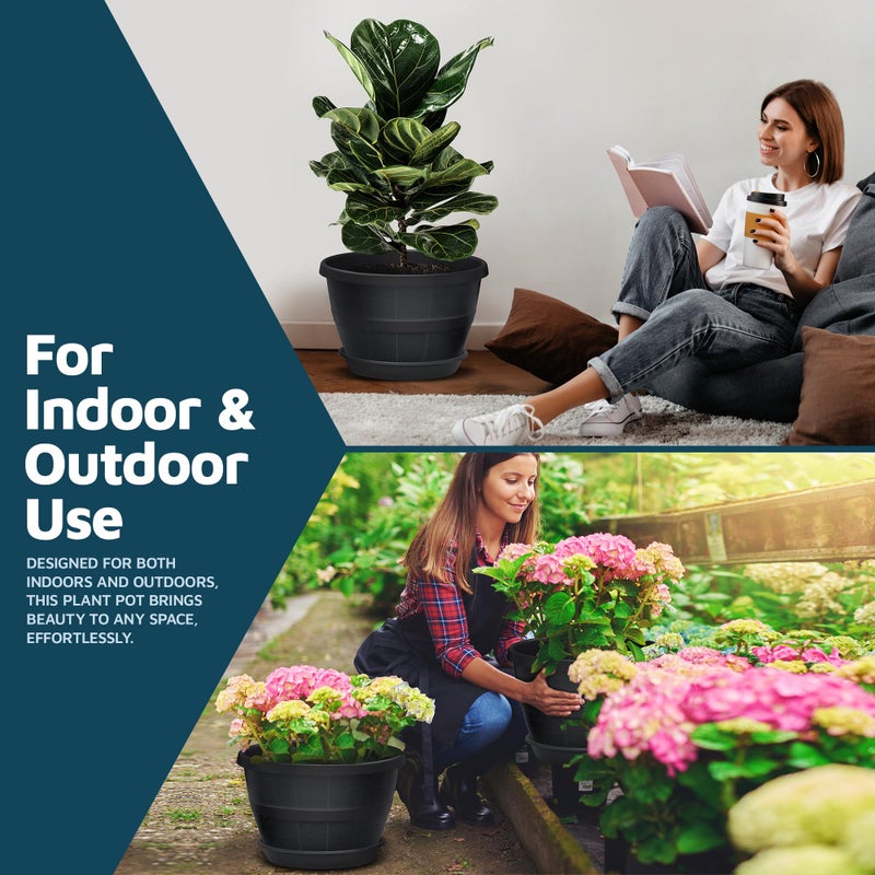 LifeMaster 10-Inch Whiskey Barrel Planters Outdoor Pack of 5 - Durable Plastic Plant Pots for Indoor & Outdoor Use with Drainage & Saucer, Lightweight Rustic Barrel Planters for Flowers, Herbs & Small Plants - Image 3