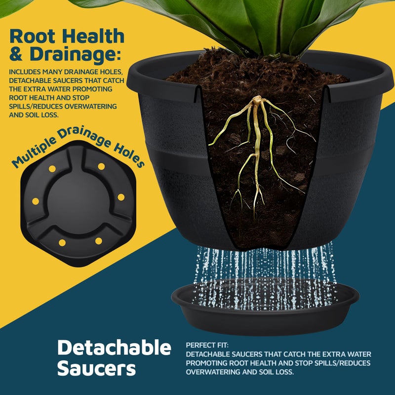LifeMaster 10-Inch Whiskey Barrel Planters Outdoor Pack of 5 - Durable Plastic Plant Pots for Indoor & Outdoor Use with Drainage & Saucer, Lightweight Rustic Barrel Planters for Flowers, Herbs & Small Plants - Image 4