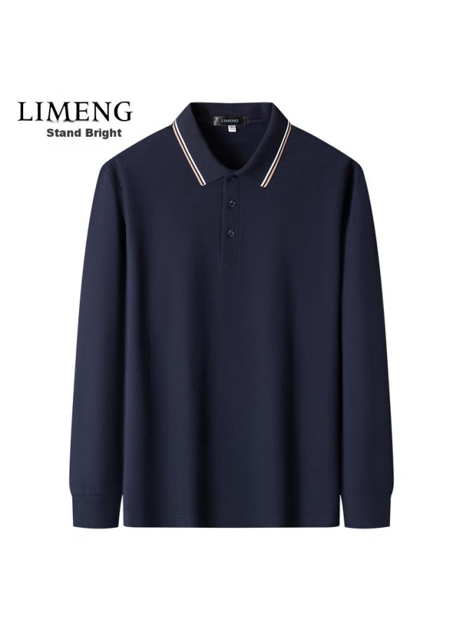 Limeng Pure Cotton Long-sleeve T-shirt, Men's Polo Shirt, Spring And Autumn Solid Color, Turn-down Collar Tee Top, Navy Blue, 3XL - Image 1