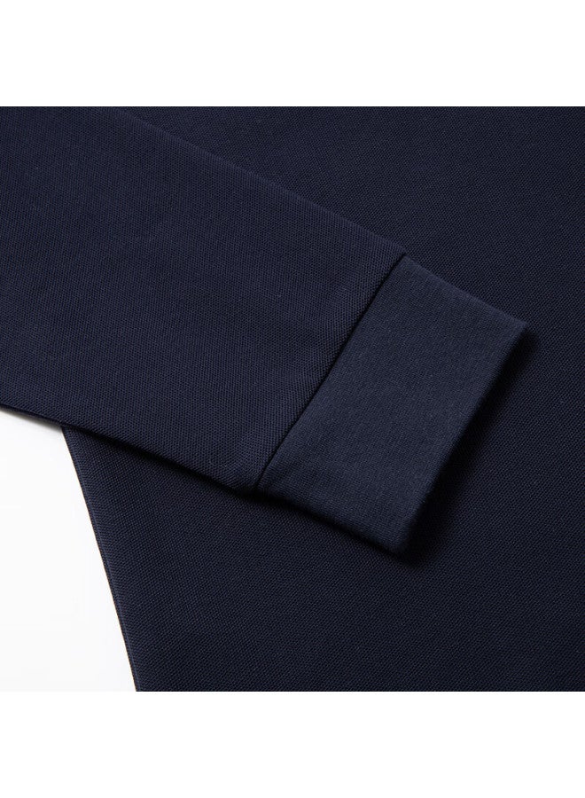 Limeng Pure Cotton Long-sleeve T-shirt, Men's Polo Shirt, Spring And Autumn Solid Color, Turn-down Collar Tee Top, Navy Blue, 3XL - Image 4