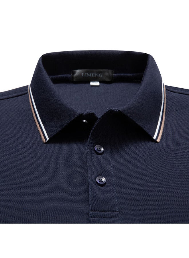 Limeng Pure Cotton Long-sleeve T-shirt, Men's Polo Shirt, Spring And Autumn Solid Color, Turn-down Collar Tee Top, Navy Blue, 3XL - Image 2