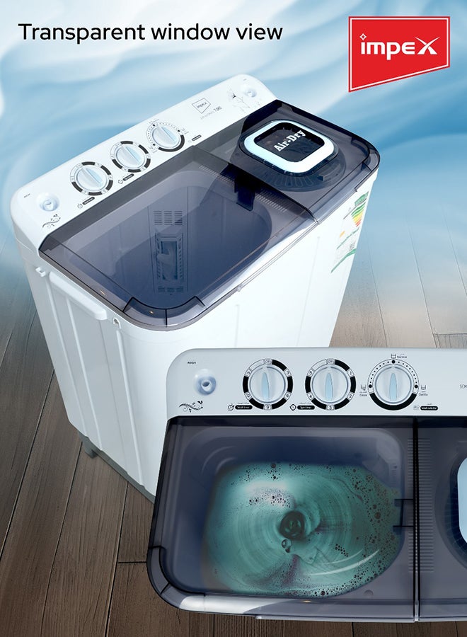 Impex 7 Kg Semi Automatic Washing Machine, Air Turbo Dry, Transparent Black Window Lid, Rust Free Body, Low Noise Motor System, Handwash Design, Collar Scrubber, High Clean Ratio, Durable & Temperature Resistant, 7Kg Wash Capacity, 5Kg Spin Capacity, 350W Wash Power, Semi Automatic Top Load Washing Machine, Cleaning Cloths Dresses. 2 Year Warranty - WM 4204A, White & Grey Body 7 kg 350 W WM 4204 Black/White/Grey - Image 2