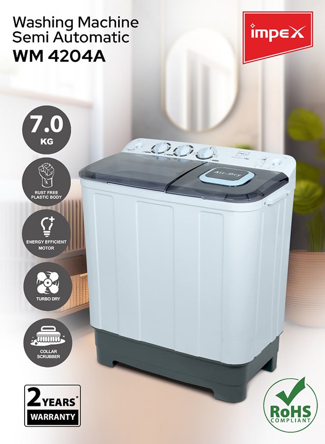 Impex 7 Kg Semi Automatic Washing Machine, Air Turbo Dry, Transparent Black Window Lid, Rust Free Body, Low Noise Motor System, Handwash Design, Collar Scrubber, High Clean Ratio, Durable & Temperature Resistant, 7Kg Wash Capacity, 5Kg Spin Capacity, 350W Wash Power, Semi Automatic Top Load Washing Machine, Cleaning Cloths Dresses. 2 Year Warranty - WM 4204A, White & Grey Body 7 kg 350 W WM 4204 Black/White/Grey - Image 3