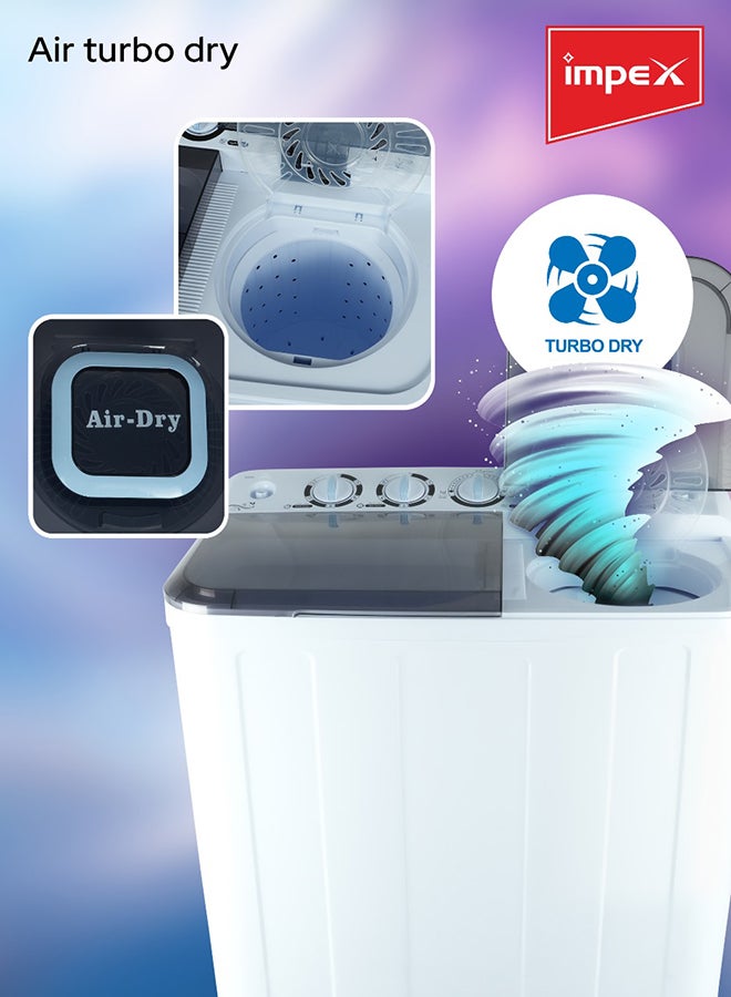 Impex 7 Kg Semi Automatic Washing Machine, Air Turbo Dry, Transparent Black Window Lid, Rust Free Body, Low Noise Motor System, Handwash Design, Collar Scrubber, High Clean Ratio, Durable & Temperature Resistant, 7Kg Wash Capacity, 5Kg Spin Capacity, 350W Wash Power, Semi Automatic Top Load Washing Machine, Cleaning Cloths Dresses. 2 Year Warranty - WM 4204A, White & Grey Body 7 kg 350 W WM 4204 Black/White/Grey - Image 5