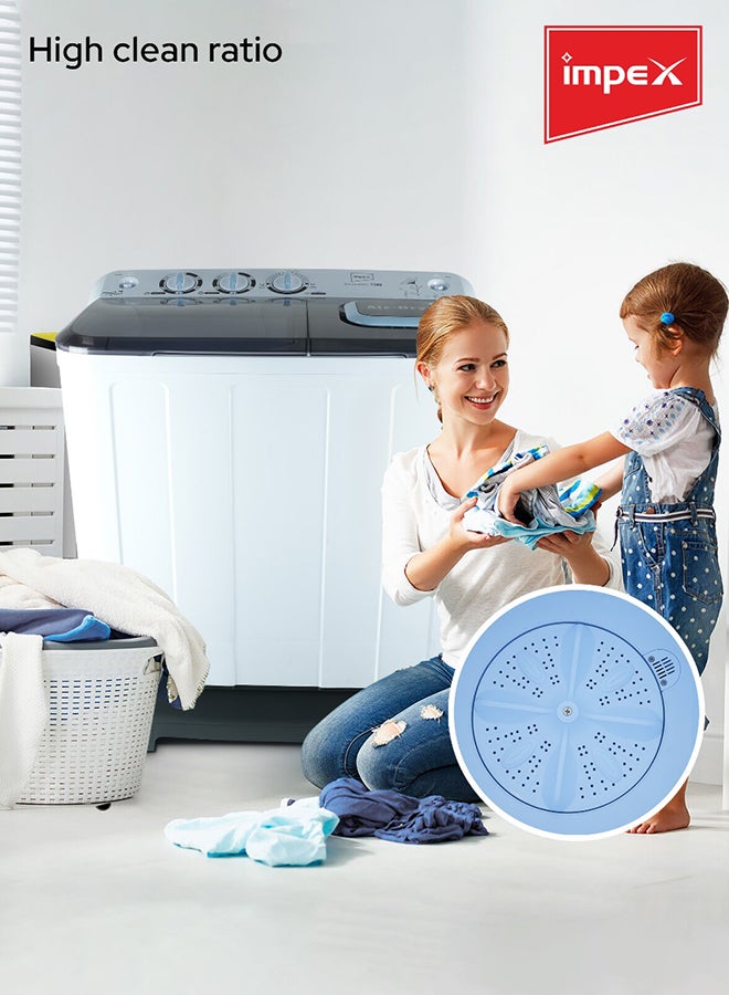 Impex 7 Kg Semi Automatic Washing Machine, Air Turbo Dry, Transparent Black Window Lid, Rust Free Body, Low Noise Motor System, Handwash Design, Collar Scrubber, High Clean Ratio, Durable & Temperature Resistant, 7Kg Wash Capacity, 5Kg Spin Capacity, 350W Wash Power, Semi Automatic Top Load Washing Machine, Cleaning Cloths Dresses. 2 Year Warranty - WM 4204A, White & Grey Body 7 kg 350 W WM 4204 Black/White/Grey - Image 4
