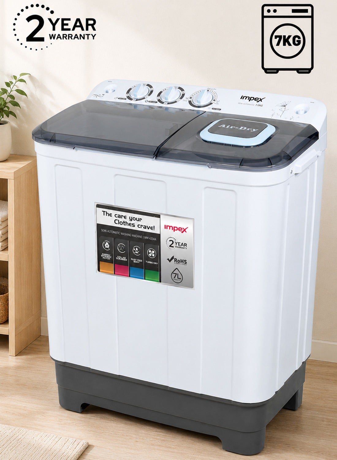 7 kg Capacity Top Load Washing Machine - 7KG Semi-Automatic Washing Machine Cloth Dress Cleaning, 350W Power, Spin 160W, Top Load, Energy-Efficient, 2 Years Warranty – Black/White/Grey - WM 4204 7 kg 350 W WM 4204 Black/White/Grey