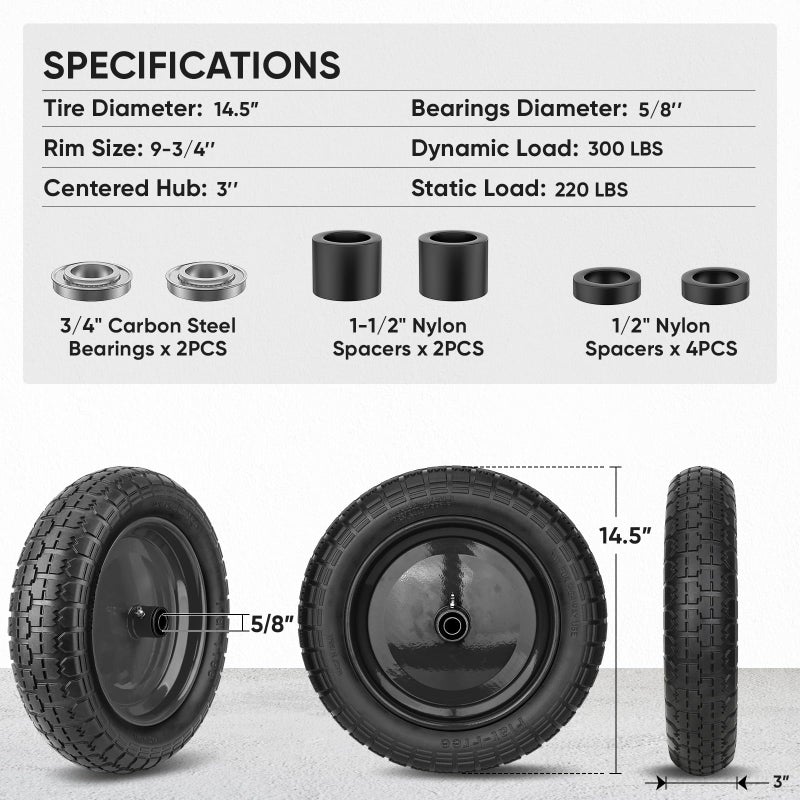 TICONN 4.80/4.00-8 Tire, 14.5" Flat Free Wheelbarrow Tire and Wheel, Solid Replacement Tires with 3" Centered Hub, 5/8" 3/4" Bearings, Universal Fit 4.80/4.00-8, 3.50/3.00-8, 4.00-6 (Black) - Image 4