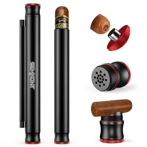 SEMKONT Travel Cigar Tube, Portable Aluminum Cigar Storage Tube Built in Humidifier, with Dual Cigar Punch Cigar Needle Cigar Holder Cigar Drawer Enhancer, 5 in 1 MultiFunctional Cigar Tube (Black) - Image 1