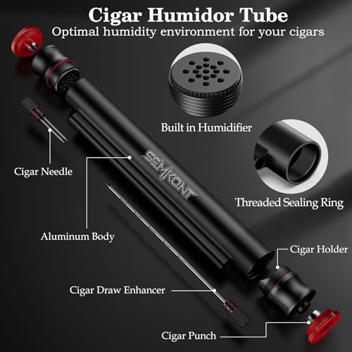SEMKONT Travel Cigar Tube, Portable Aluminum Cigar Storage Tube Built in Humidifier, with Dual Cigar Punch Cigar Needle Cigar Holder Cigar Drawer Enhancer, 5 in 1 MultiFunctional Cigar Tube (Black) - Image 2