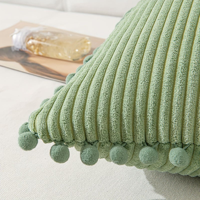 1PC Boho Corduroy Decorative Pillow Cover With Pom Poms Gray 18 by 18 Inch Square Throw Cushion - Image 2