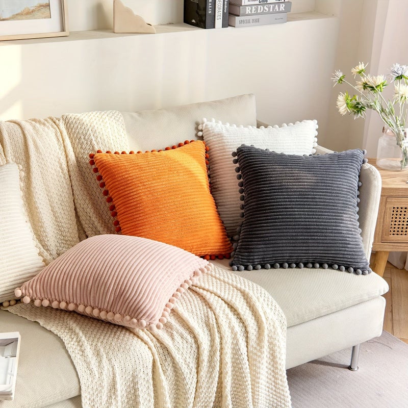 1PC Boho Corduroy Decorative Pillow Cover With Pom Poms Gray 18 by 18 Inch Square Throw Cushion - Image 5