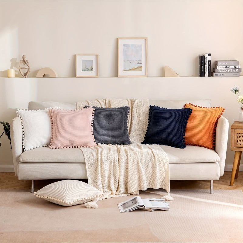 1PC Boho Corduroy Decorative Pillow Cover With Pom Poms Gray 18 by 18 Inch Square Throw Cushion - Image 1