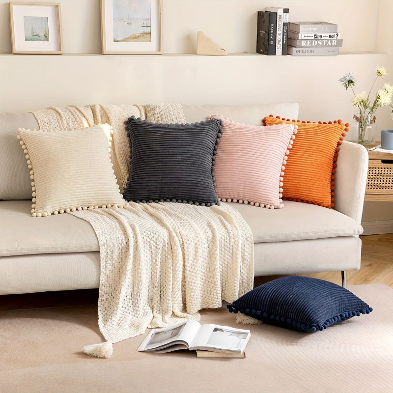1PC Boho Corduroy Decorative Pillow Cover With Pom Poms Gray 18 by 18 Inch Square Throw Cushion - Image 4