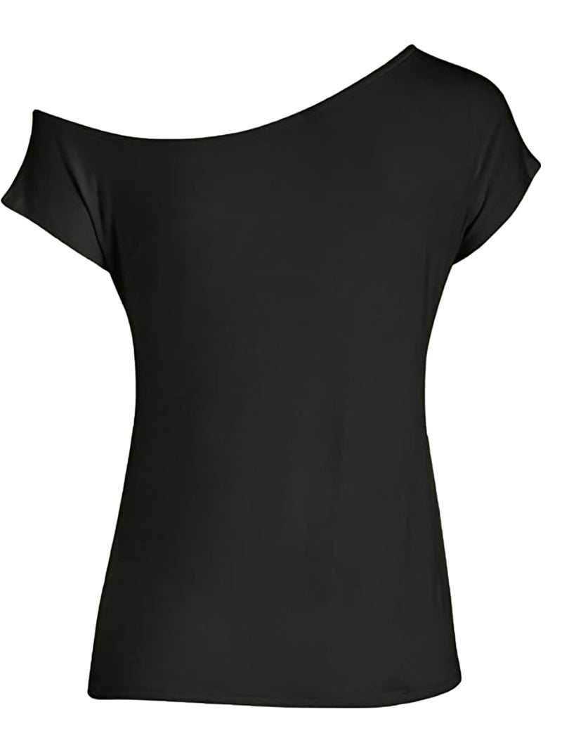 2024 Summer I Love 80's Love Print Slant Neck Off-Shoulder Irregular T-Shirt for Women - Image 5
