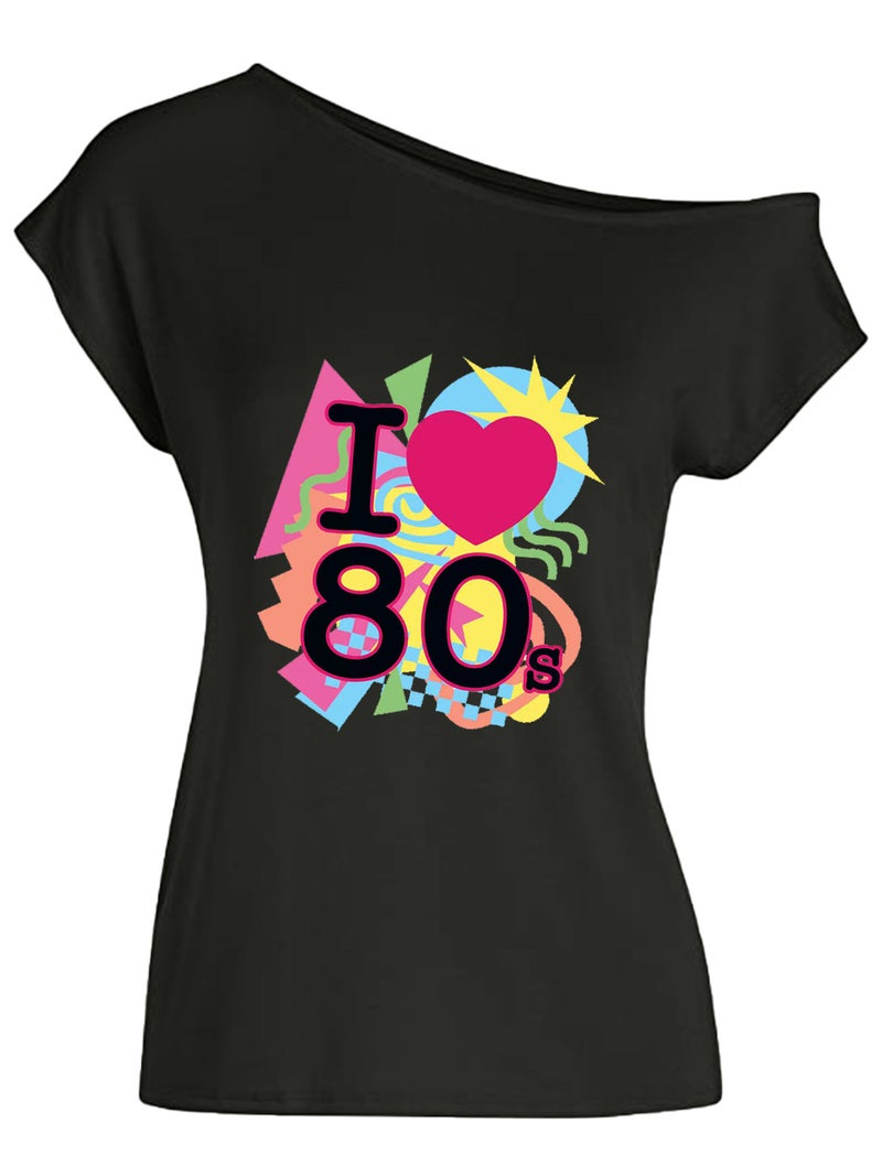 2024 Summer I Love 80's Love Print Slant Neck Off-Shoulder Irregular T-Shirt for Women - Image 1