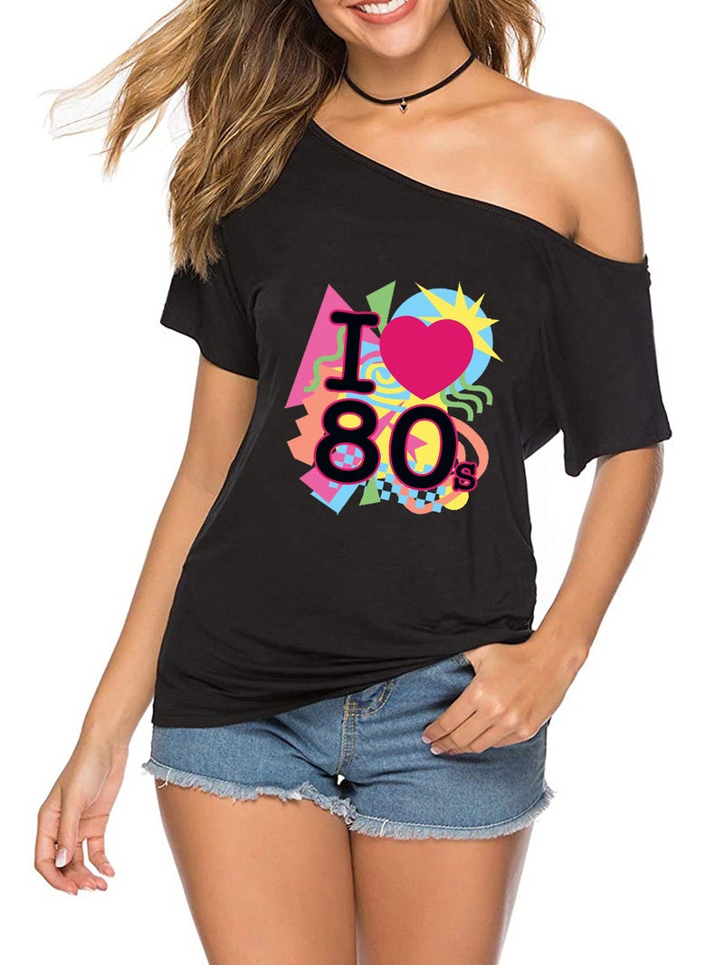 2024 Summer I Love 80's Love Print Slant Neck Off-Shoulder Irregular T-Shirt for Women - Image 2