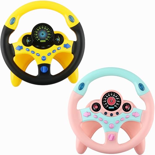 Fahacop 2 Pack Car Driving Simulated Toy Kids Steering Wheel Copilot Driving Steering Wheel Toy with Light Music for Kids Early Learning Educational Sounding Toys 2 Colors - Image 1