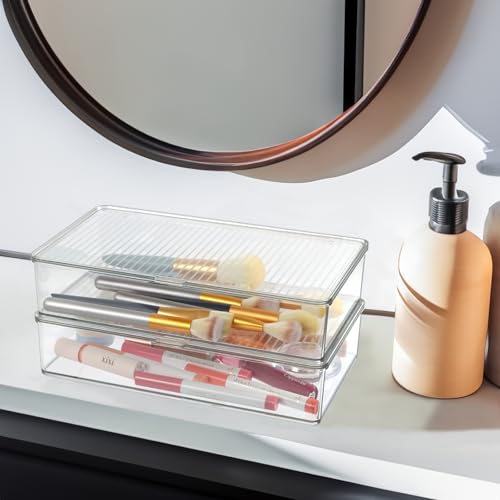ZEXALOR Pack of 2 Clear Storage Bins with Lids, Small Storage Containers Boxes with Lids, Dresser Organizer, Tea Bag Organizer, Freezer Bin, Plastic Drawer Organizers (10.6×6.1×2.3“) - Image 5