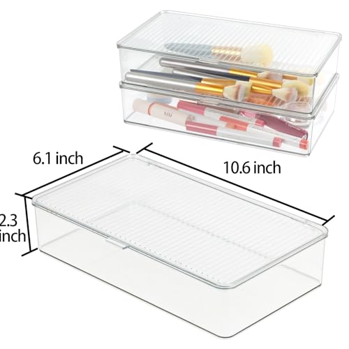 ZEXALOR Pack of 2 Clear Storage Bins with Lids, Small Storage Containers Boxes with Lids, Dresser Organizer, Tea Bag Organizer, Freezer Bin, Plastic Drawer Organizers (10.6×6.1×2.3“) - Image 2