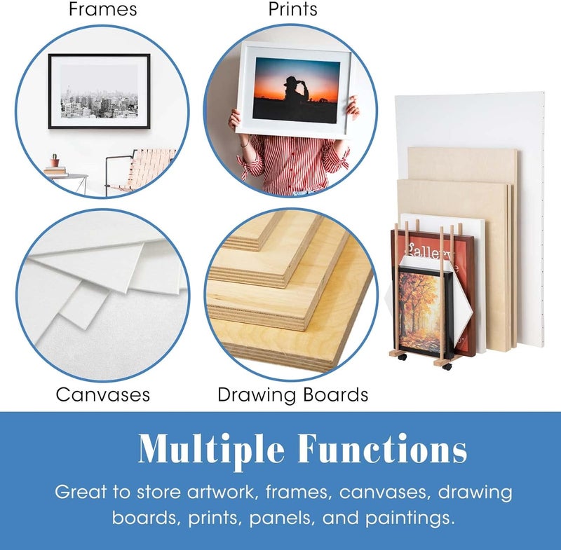 Somime Large Art Storage Rack with Four Caster Wheels - Wooden Canvas Storage Stand Can Well Hold Up to 60" Drawing Boards, Prints, Panels, Paintings, and Artworks Display - Image 5