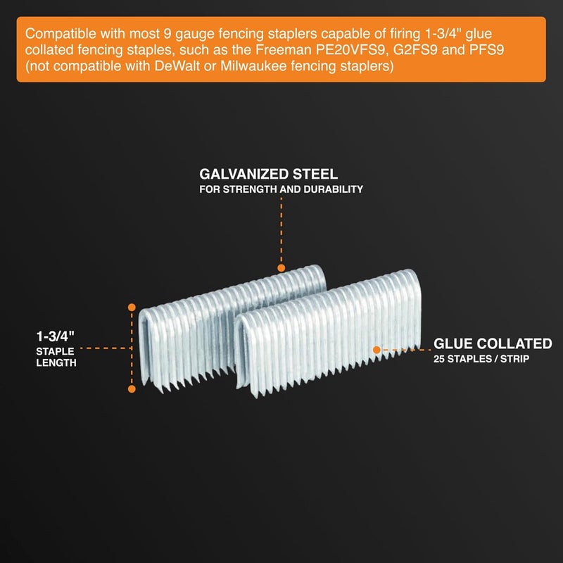 Freeman 9-Gauge 1-3/4" Fencing Staples | Glue Collated | Hot Dipped Galvanized Steel | 1000 Count | For Mesh, Horse, Deer & Chain Link Fencing | Compatible with PE20VFS9, G2FS9, PFS9 | FS9G175 - Image 4