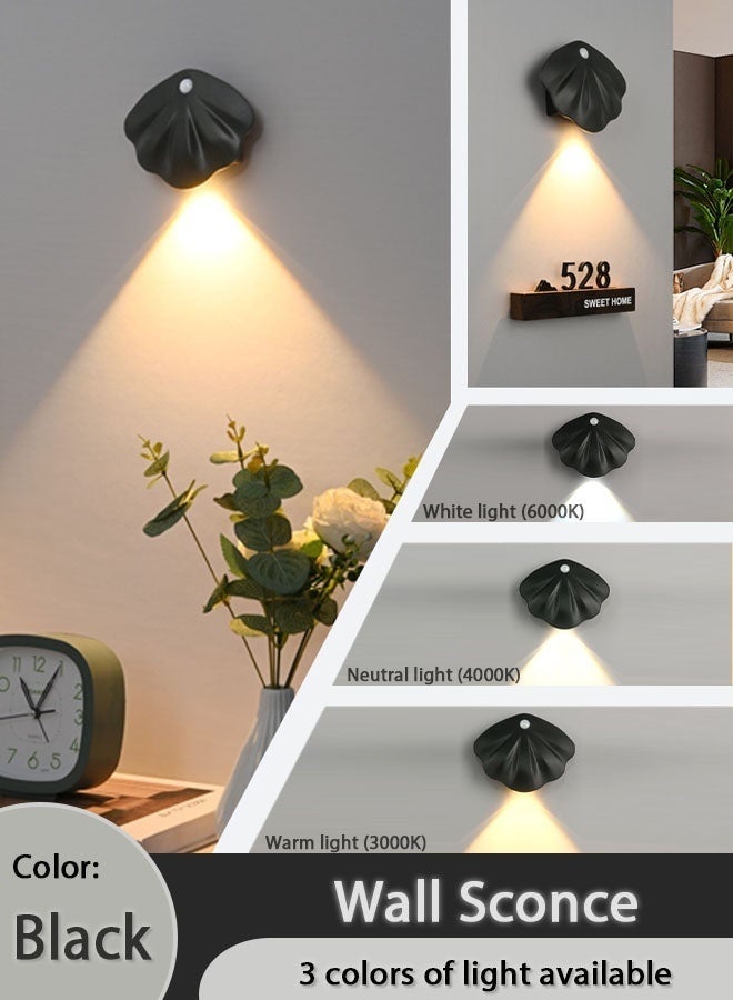 Bukela Wall Sconce, Rechargeable Battery Operated Wall Sconce, Dimmable 3 Colors Temperature LED Shell Lamp, Wireless Magnetic Wall Light for Bedroom Staircase Hallway, Black - Image 2