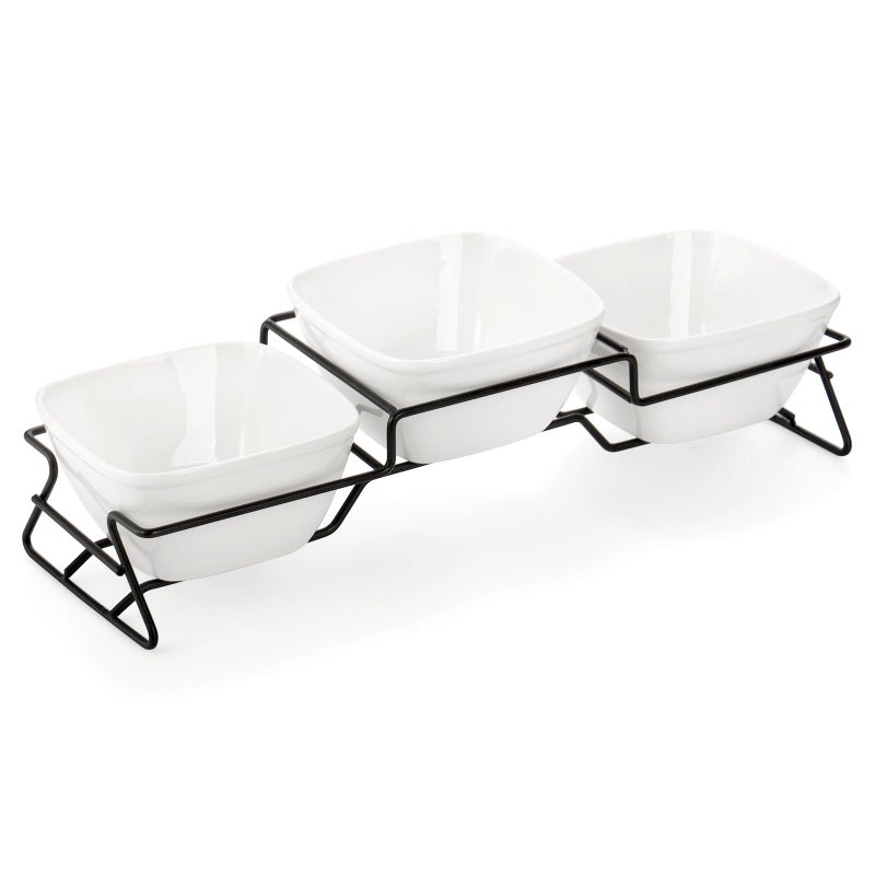 ZENFUN 10 oz Square Bowl Chip  Dip Serving Set Pocelain Ramekin Bowls with Metal Rack Stand White Small Serving Dishes Condiment Serving Tray for Entertaining Party Buffets