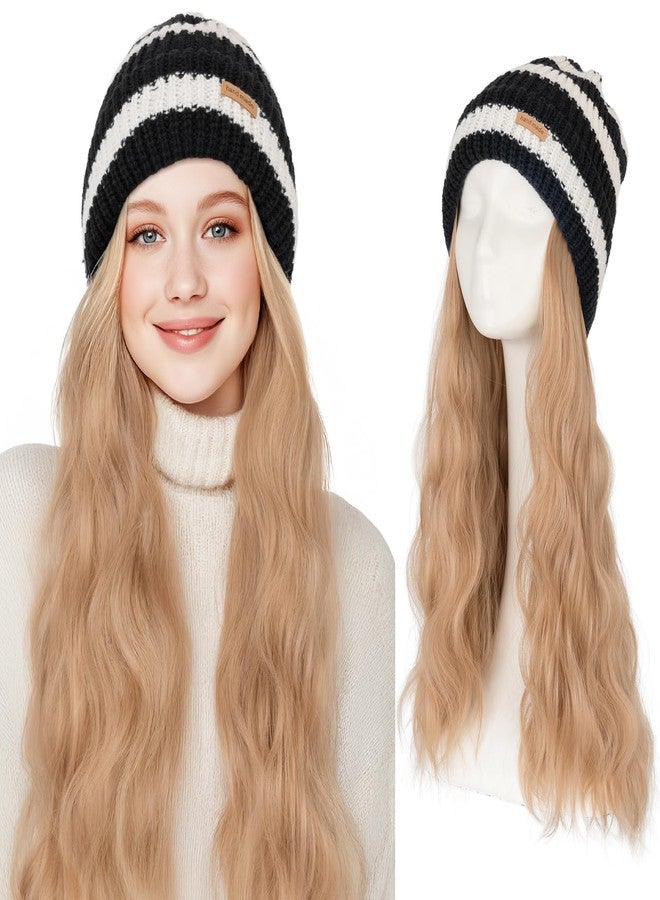 SEGO Beanie Wig for Women Hat with Hair Extensions Cap with Hair Attached for Women Synthetic 18 Inch Wavy Curly Hairpiece Winter Warm Black and White Knitted Hat Wigs 18 - Image 1