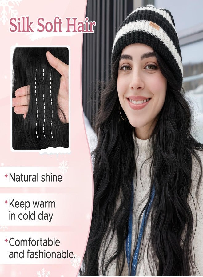 SEGO Beanie Wig for Women Hat with Hair Extensions Cap with Hair Attached for Women Synthetic 18 Inch Wavy Curly Hairpiece Winter Warm Black and White Knitted Hat Wigs 18 - Image 2